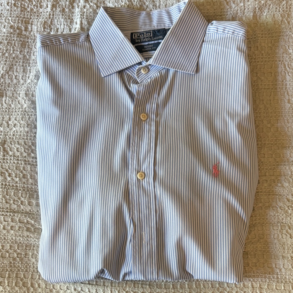 Polo Ralph Lauren Men's White and Blue Pinstripe Regent Dress Shirt XL